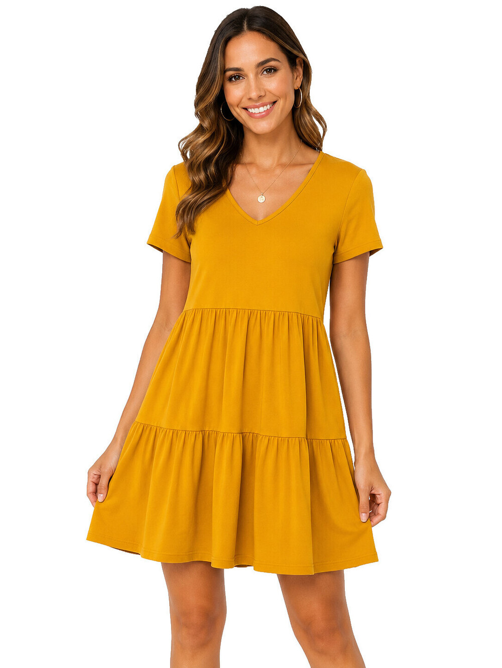 Arolina Dress Small Mustard Yellow Tiered Babydoll V-Neck Stretch Casual NWT